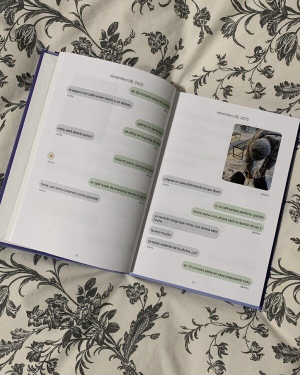 Inside pages of a WhatsApp book with chat bubbles and photos