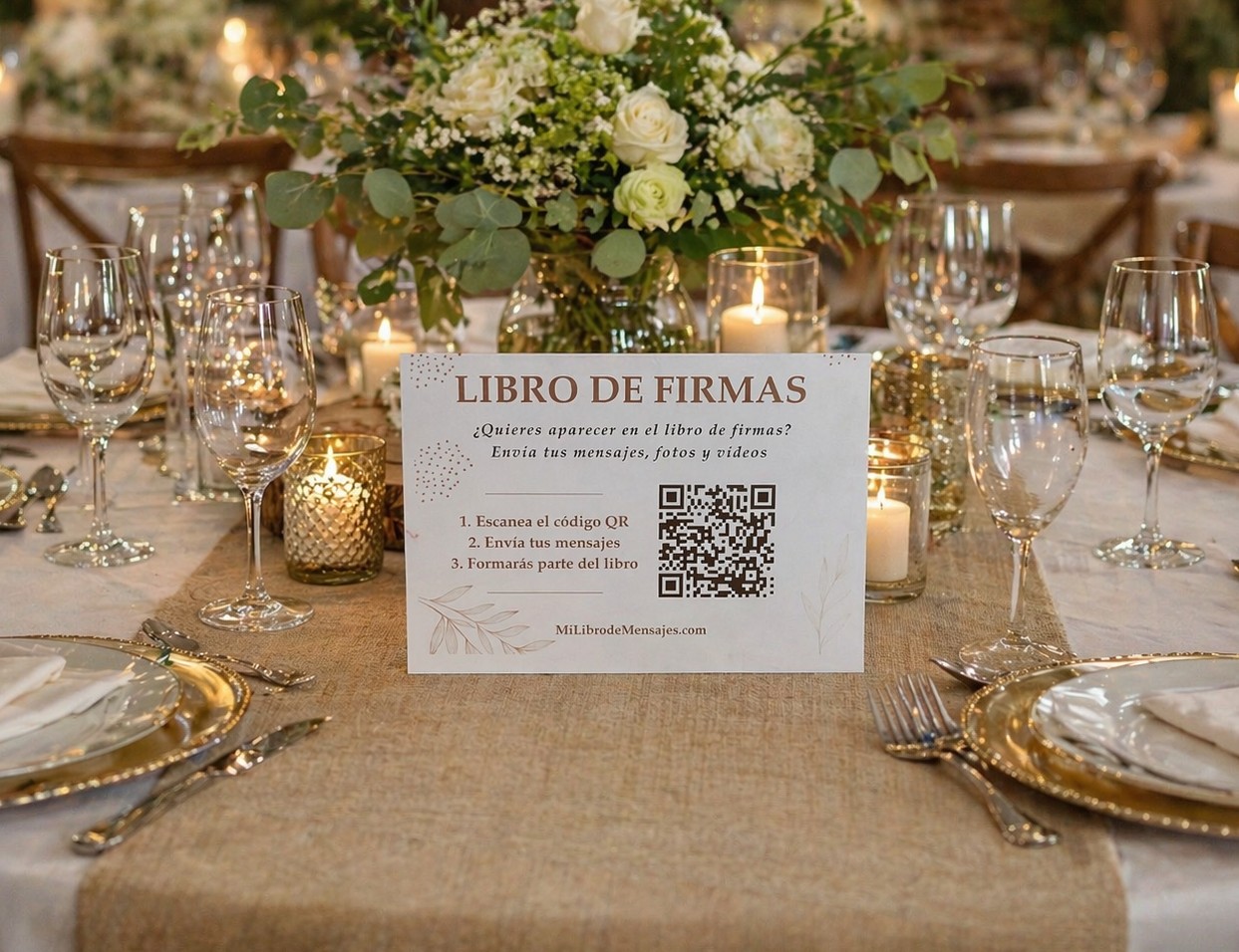 Interactive wedding guest book: decorative QR code sign on table centrepiece